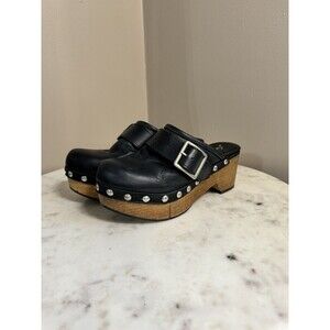 Free People Culver City Clogs Size 37-6.5 Leather Black Shoes Buckle Wooden